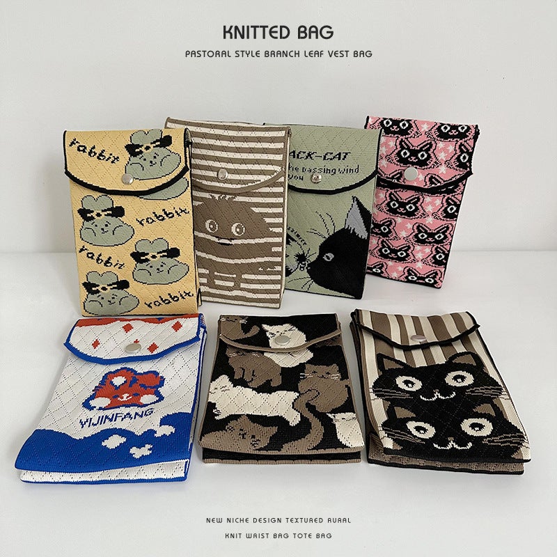 Korean-Style All-Match Niche Design New Adjustable Button Phone Bag Cartoon Small Animal Knitted Crossbody Phone Bag - Image 3